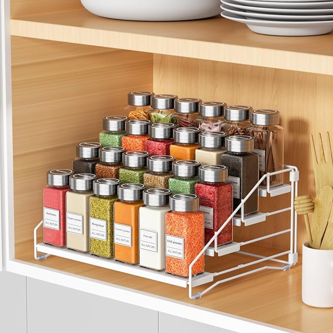 Spice Rack Organizer for Cabinet, Depth Adjustable 4 Tier Spice Rack,1 Pack | White, Metal Spice Organization for Cabinet, Easy Visibility, Tiered Spice Rack Perfect for Cabinet, Pantry and Countertop - Image 8