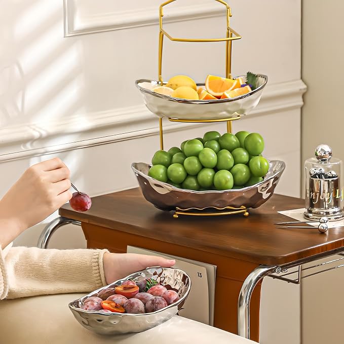 XUDREZ 2 Tier/ 3 Tier Fruit Bowl with Metal Stand for Kitchen Counter, Ceramic Gold Silver White, Portable Tiered Fruit Basket Fruit Rack for Nuts, Snacks, Bread, Candy Storage (White A, 3 Tier) - Image 7