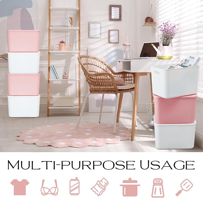 8 Pieces Colorful Storage Bins with Lid, Plastic Storage Basket Organizing Container Stackable Box with Handle for Shelves Desktop Playroom Office(14.2 x 10.2 x 9.5 Inch,White and Pink) - Image 7