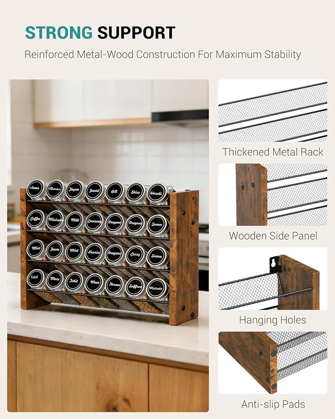 NESAPTO Spice Rack Organizer with 28 Glass Spice Jars, Wood 4-Tier Seasoning Organizer with Labels for Cabinet, Pantry, Countertop or Wall Mount, Chalk Marker and Funnel Set, 14" W × 9.4" H - Image 8