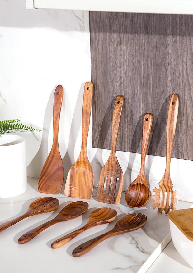 Wooden Cooking Utensils Set with Ceramic Holder,Teak Wood 10pcs Utensils | Holder for Countertop with Protection Cork Bottom,Nonstick Spoons, Spatula Set,Kitchen Decor, (Stone Black) - Image 9