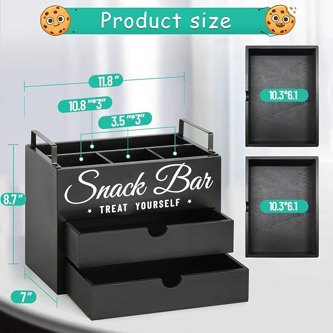 Snack Organizer for Countertop, Wood Pantry Storage Bins with Handles, Snack Organizer for Pantry, Kitchen, 4 Compartment Food Container Snack Box with 2 Drawers, Pantry Organizer for Snacks, Chips - Image 7
