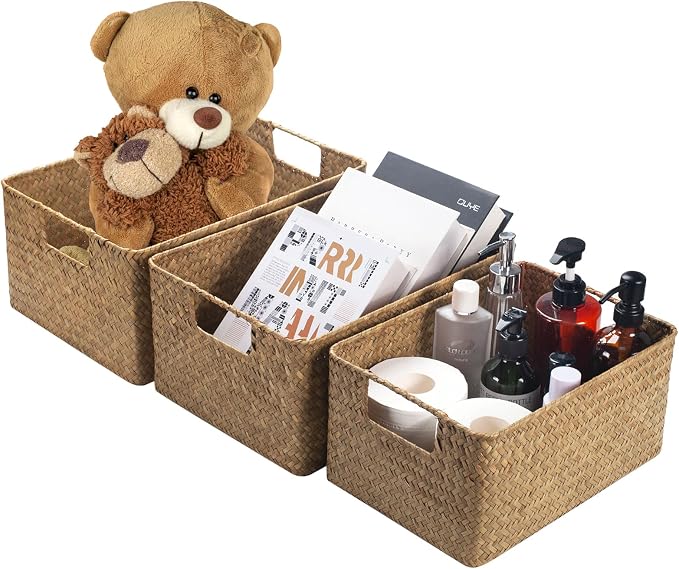 YANGQIHOME Woven Seagrass & Iron Wire Storage Baskets Set of 3 with Lids 4 Pack - Brown - Image 7