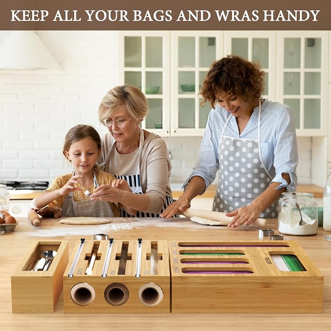9 IN 1 Bamboo Foil and Plastic Wrap Organizer for Kitchen Drawer, Plastic Bag Organizer Organization and Storage, Food Storage Bag Organizer with Labels for Quart Gallon Snack Sandwich Bag - Image 7