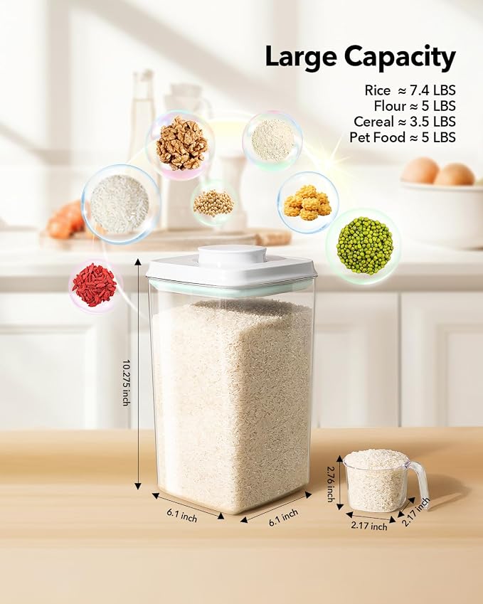 Airtight Food Storage Container with Pop Lid & 130ml Scoop, 4L/4.2qt *4 BPA-Free Cereal, Rice, Flour, Pasta & Snack Container, Stackable & Durable,Kitchen Pantry Organizer - Image 6