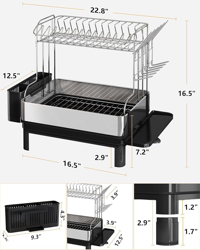2 Tier Large Stainless Steel Dish Drying Rack with Drain Board | Space Saving, Rust Proof Metal, Automatic Drainage Drainer for Kitchen Counter, Modern Black and Silver for Pots and Pans - Image 9