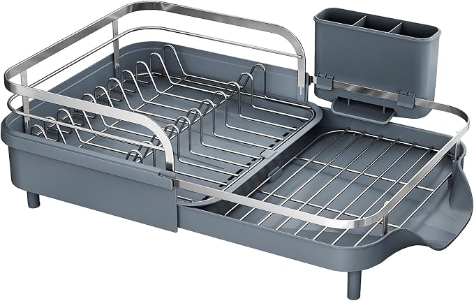 SAYZH Expandable Dish Drying Rack for Small Kitchen Counter, Grey | Stainless Steel, Protective Guardrail, Angled Drainboard, Fits High-Rim Sinks, Removable Utensil Holder - Image 9