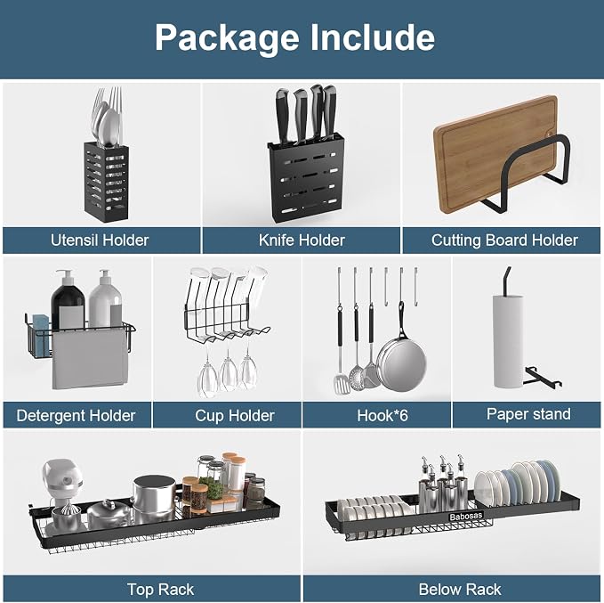 Over The Sink Dish Drying Rack,3 Tier Adjustable Length (25.5'' to 37.4'') Full Stainless Steel Large Storage Kitchen Dish Rack,for Kitchen Counter,Expandable Multifunctional Organizers,Black - Image 8