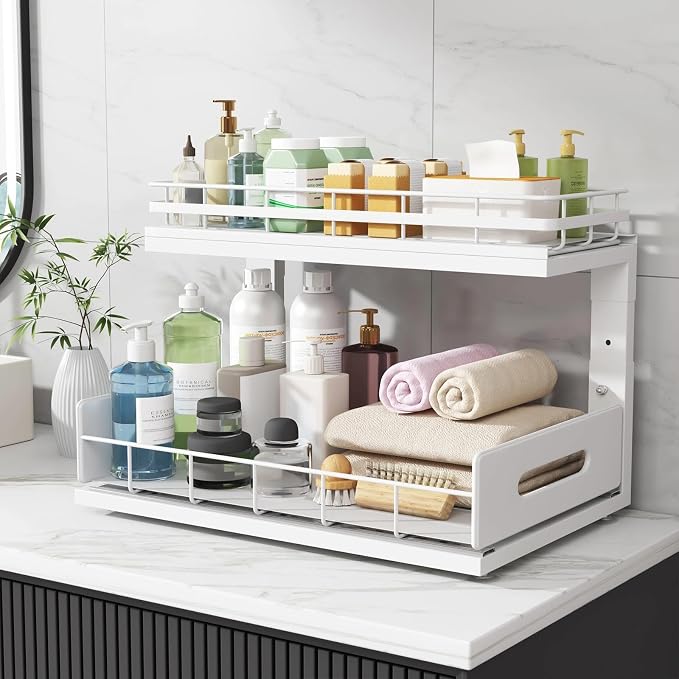 Under Sink Organizer Upgrade To Professional Rails,2-Tier Dual Pull Out Cabinet Storage,Height Adjustable Slide Out Drawers For Bathroom Kitchen,2 Pack-16.7"Dx12.8"-16.9"H,White - Image 9