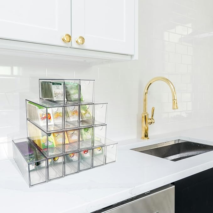 AZEZO 16-Pack Tea Bag Drawers Organizer - 16 Clear Plastic Drawer Tea Bag Holder; Stackable & Portable; Wider Size; Well-Organized Storage for Tea Bags & Kitchen Essentials;High Volume - Image 6