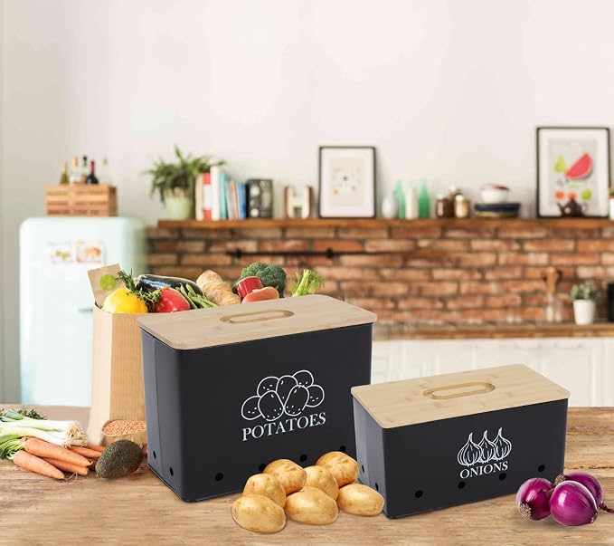 Potato and Onion Storage Bin Set of 2, Vented Metal Vegetable Storage with Wooden Lids, Farmhouse Kitchen Canisters for Countertop Pantry Organizer, Potato Bin Onion Holder for Produce Storage, Black - Image 6