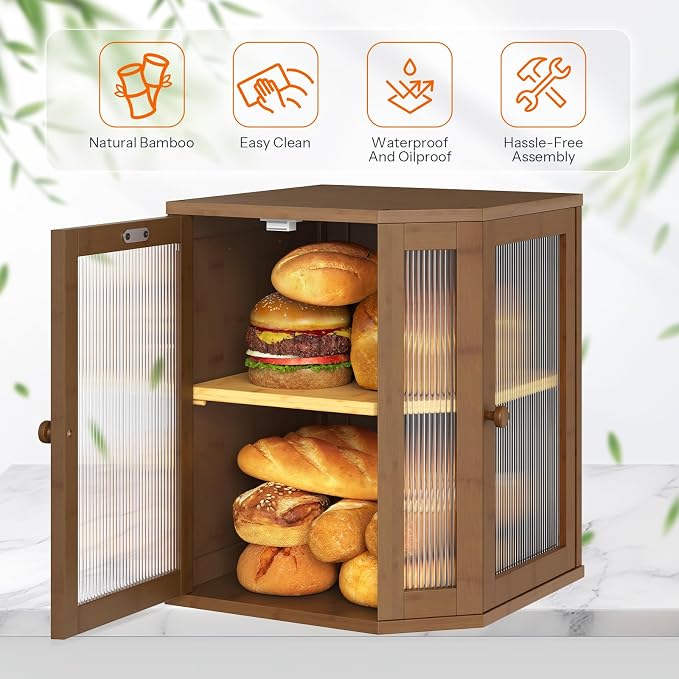 HOOBRO Bread Box, Bamboo Bread Box for Kitchen Countertop, 2-Tier Corner Bread Box, Large Capacity Bread Bin, Food Storage Box, Bread Storage Container for Kitchen, Dining Room, Brown BR12MB01 - Image 9