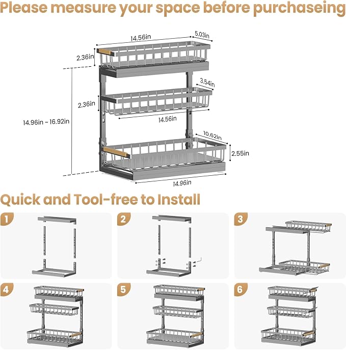 Under Sink Organizer and Storage for Bathroom and Kitchen - 2 Pack 3 Tier Cabinet Pull Out Shelf Organizers - Slide Out Drawer Organization for Home Cabinets Shelves and Drawers - Image 9