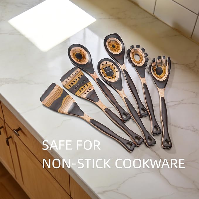 7PCS Pakkawood Kitchen Utensil Set | Heart-Shaped Wooden Spoons for Cooking | Heat-Resistant Wooden Spoons | Kitchen Essential Gift | Tuscan Brown - Image 7