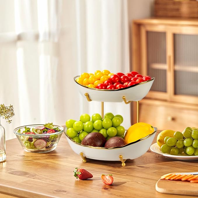 2 Tier Ceramic Fruit Bowl, Fruit Basket for Kitchen Counter, Tiered Fruit Rack for Countertop, Modern Multi Large Capacity Serving Holder for Party Dessert, Vegetable, Snack(Gold&White) - Image 8