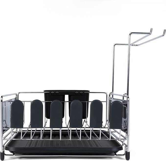 happimess Dish Drying Rack Compact Stainless Steel, 17.25", Silver/Black | Fingerprint-Proof, Wine Glass Holder, Detachable Utensil Caddy, Drainboard, Non-Slip Feet, Modern Contemporary Style - Image 16