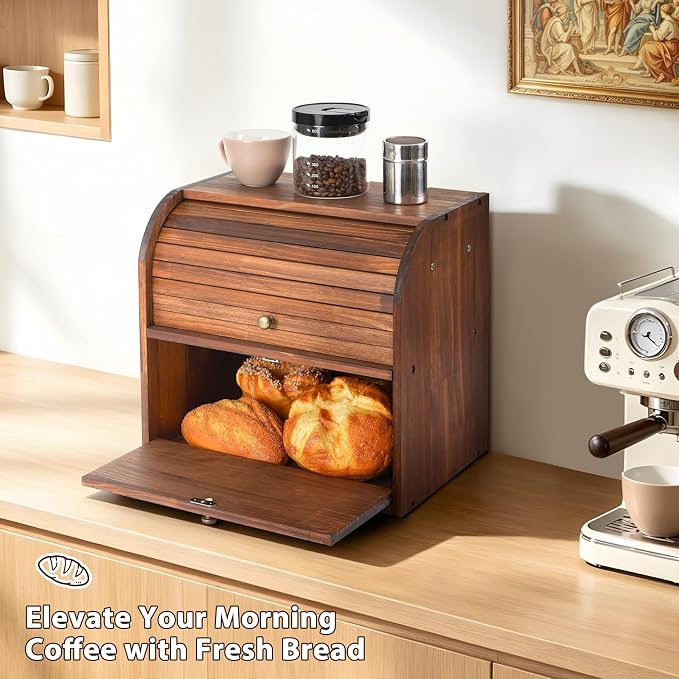 Sunhoo Wooden Bread Box for Kitchen Countertop, Roll Top Breadbox, Brown | Large Double Layer Pantry Container, Solid Wood with Cutting Board, Fresh Homemade Sourdough Bin Cabinet, Vintage Farmhouse - Image 8