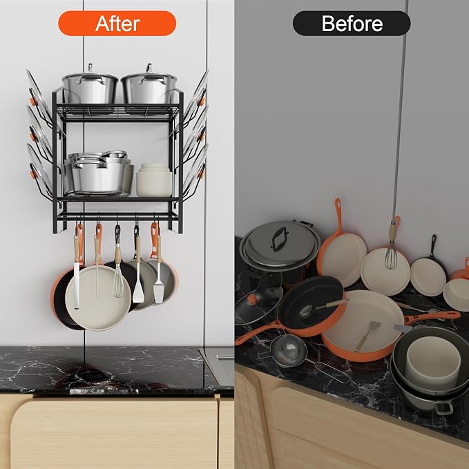 VyGrow 17 Inch Pot Rack Wall Mounted, 2 Tier Pots and Pans Organizer with 10 Hooks and 6 Pot Lid Holders, Heavy Duty Steel Pot and Pan Hanger for Kitchen Cookware Utensils Storage 24" Lx13 Wx20.5 H - Image 7