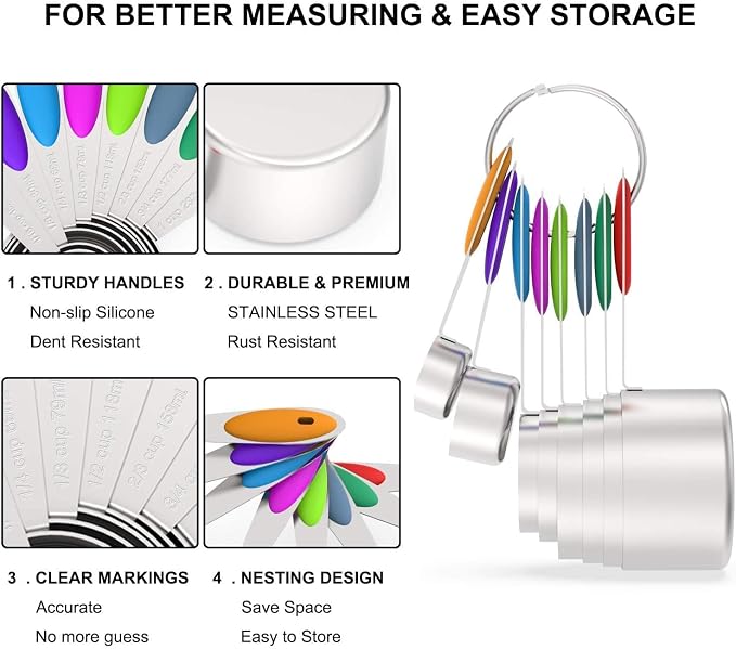 Wildone Stainless Steel Mixing Bowls Set with Airtight Lids, 3 Grater Attachment & Non-slip Bottoms and Multicolor 16 Piece Measuring Cups and Spoons Set - Image 9