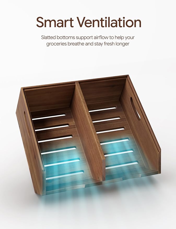 Tidita Wood Potato and Onion Storage Bin, Set of 3, Stackable, Walnut Color | Acacia Wood, Built-in Handles, Ventilated Pantry Storage Bins, 50LBS Capacity, Non-Skid Pads, Slatted Bottoms, Multi-Use - Image 7