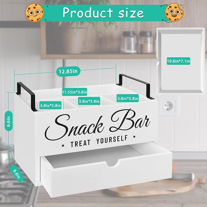 Snack Organizer for Countertop, Wood Pantry Storage Bins with Handles, Snack Organizer for Pantry, Kitchen, 4 Compartment Food Container Snack Box with Drawer, Pantry Organizer for Snacks, Chips - Image 7