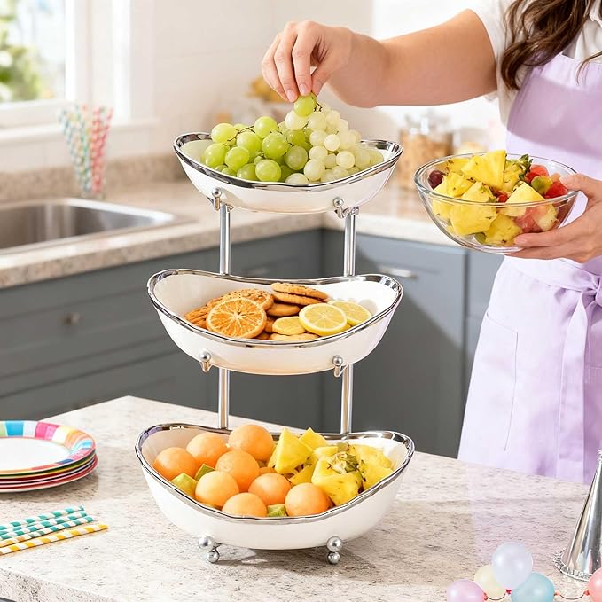 3 Tier Fruit Bowls For Kitchen Counter, Ceramic Fruit Basket Stand | Metal Fruit Serving Tray, Large Capacity, Snacks Nuts Cake Storage Holder for Party, Silver 1 - Image 5