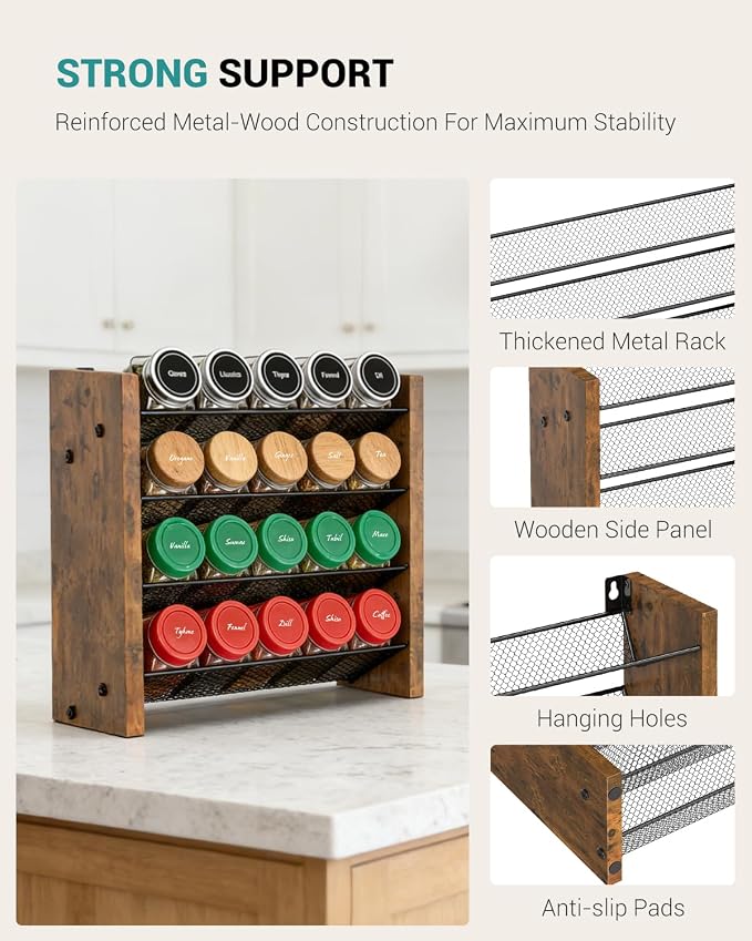 NESAPTO Spice Rack Organizer for Cabinet, Wood 4-Tier Vertical Seasoning Organizer, Wall Mount or Countertop Spice Shelf, Holds 20 Jars (No Jars Included), 10.3" W x 10.3" H - Image 7