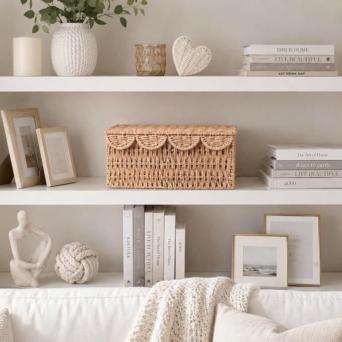 Wicker Basket with Scalloped Edge Lid, Water Hyacinth Storage Basket with Built-in Handles, Handwoven Wicker Box for Living Room, 15" L x 11 ¼" W x 7" H (Paper Rope) - Image 7