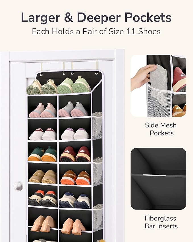 ULG Over The Door Shoe Organizer with 16 Large Pockets, Hanging Shoe Rack for Closet Door, Space Saving Shoe Storage Black - Image 8