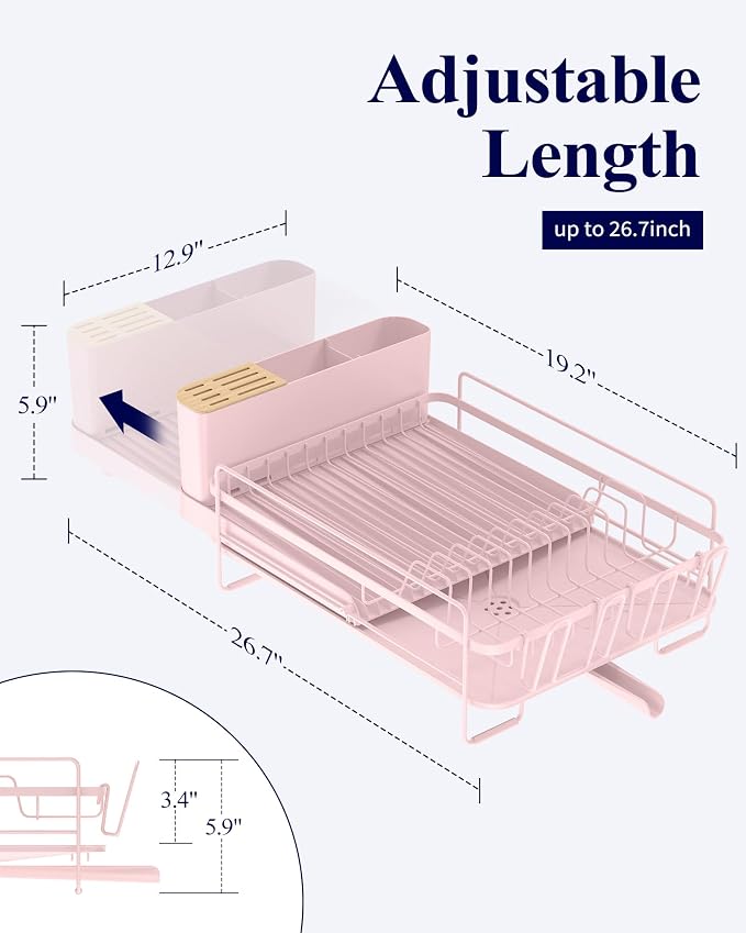 Kitsure Extendable Dish Drying Rack, 19.2"-26.7" L x 12.9" W, Pink | Large Dish Rack, Multifunctional Dish Rack for Kitchen Counter, Anti-Rust Dish Drainers with Cutlery & Cup Holders - Image 2