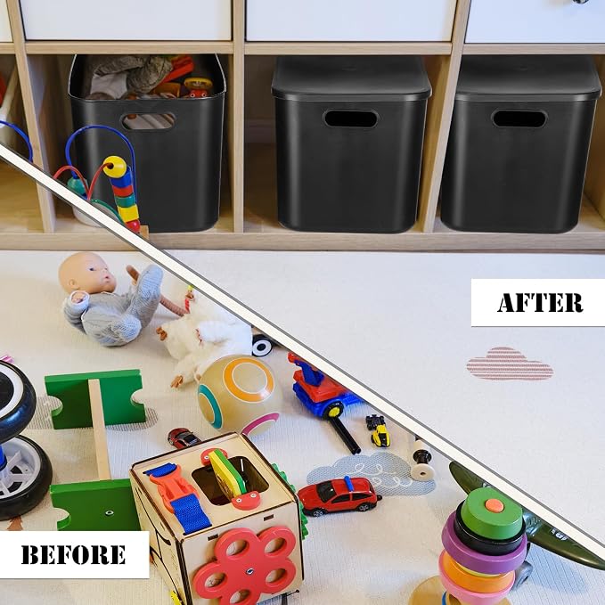 8 Pieces Colorful Storage Bins with Lid, Plastic Storage Basket Organizing Container Stackable Box with Handle for Shelves Desktop Playroom Office(14.2 x 10.2 x 9.5 Inch,Black) - Image 7