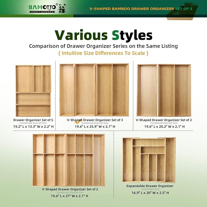 BAMOTTO CRAFTBAMBOO Large Long V-Shaped Bamboo Drawer Organizer Set of 3 | Silverware & Cutlery Tray | Flatware & Utensil | Kitchen & Bathroom | 19.6"×5.7" & 19.6"×7.8" & 19.6"×12.4" - Image 7