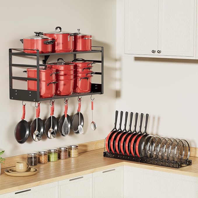 Pot Rack, 31 Inch Wall Mounted 2-Tier Pots & Pans Organizer with 20 Hooks | 14 Removable Slots & Pot Lid Holder, Heavy Duty Steel Pot and Pan Hanger for Kitchen Cookware & Utensil Storage - Image 8