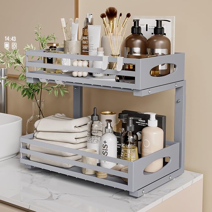 Under Sink Organizer, 2 Tier Under Sink Organizers and Storage, Adjustable Height, Slide out Metal Cabinet Organizers, Pull out Cabinet Storage Drawer Shelf for Kitchen Bathroom (Gray, 1 Pack) - Image 8