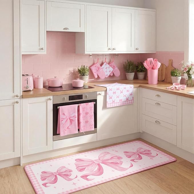 Fourluoo 30 Pcs Pink Bow Kitchen Decor and Utensils Set Pink Kitchen Towels and Rugs Oven Mitts and Pot Holders Non Toxic Silicone Utensils Set Heat Resistant Dishwasher for Cooking - Image 7