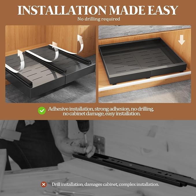 Seinloes 6 Pack Expandable Pull Out Cabinet Organizer 21"Deep With Raising Pad for Framed Cabinets,Upgrade 3 Slide Rails Slide Out Drawers,No Drill Roll Out Shelves,Adjustable Width 12.1"-20.4" Black - Image 6