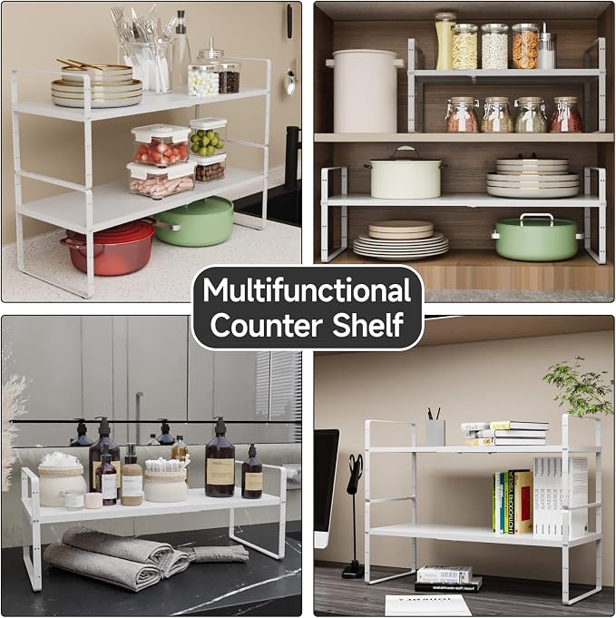 Expandable Cabinet Shelf Organizer, 16.5"~27''L, White | Stackable, Adjustable Height, For Cabinet, Countertop, Pantry & Cupboard, Spice Rack, 10.2" W x 9.6" H - Image 6