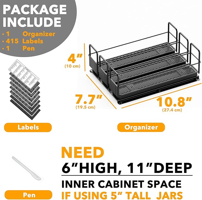 SpaceAid Pull Out Spice Rack Organizer for Cabinet, Heavy Duty Slide Out Seasoning Kitchen Organizer, Cabinet Organizer, with Labels, 7.7" W x10.75 D x4 H, 3 Drawers 1-Tier - Image 6