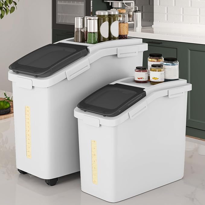 YITAHOME 65L/117lbs Rice Storage Bins, 11.4+5.8 Gal Rice Flour Storage Container with Measuring Cup,BPA Free,Scoop and Wheels for Kitchen| Flour| Pet Food| Grain,2 Counts,White & Black Lid - Image 8