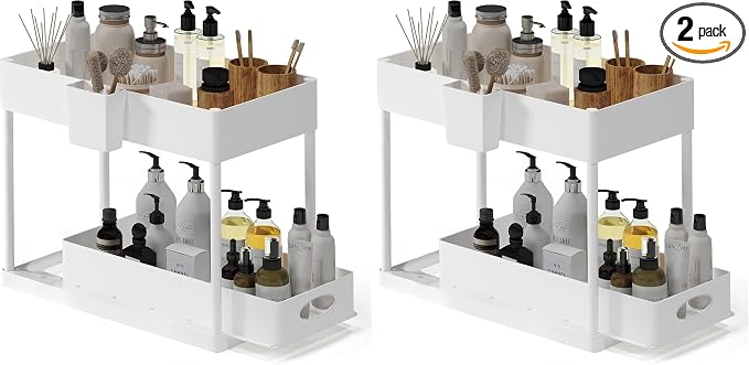 Under Sink Organizers and Storage, Bathroom Cabinet Organizer, Sink Shelf with Utility Hooks and Side Caddy for Under Cabinet Storage | Under Kitchen Sink Organizer with Sliding Drawer, White (2-Pack) by STORAGEBUD