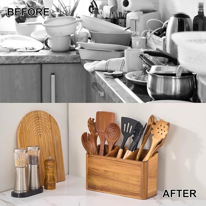 Wooden Utensil Holder for Kitchen Counter, Acacia Wood Kitchen Utensil Holder for Countertop with 4 Compartment, Cooking Utensil Organizer, Silverware Caddy (Acacia Wood, 3Compartment) - Image 6