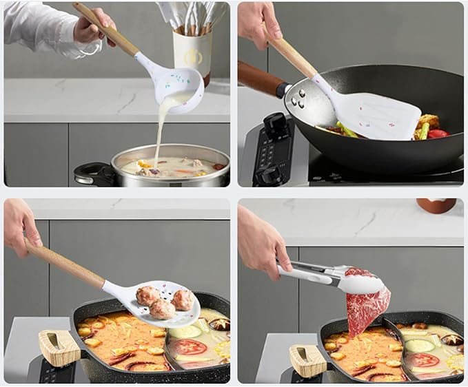 JASHII Silicone Kitchen Utensils Set White Rubber Spatulas with Wooden Handle, Silicone Cooking Utensils with Holder, Heat Resistant for Nonstick Cookware - Image 3