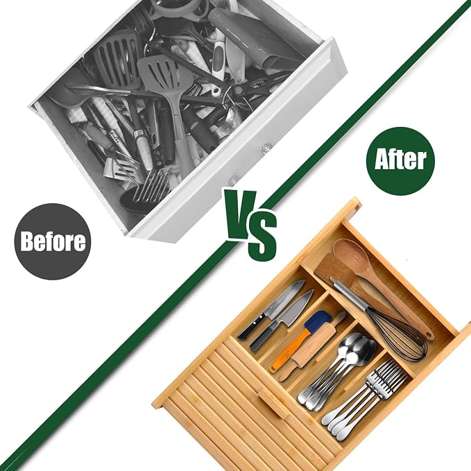 KozyKoala & Co. Bamboo Drawer Organizer with Sliding Lid - 5 Slot Kitchen Drawer Organizer & Utensil Holder - Wood Bamboo Cutlery Tray for Flatware & Multipurpose Storage for Home & Office - Image 7