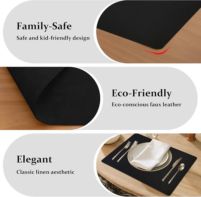FROMHEART Faux Leather PU Placemats Set of 8 (Black,11.8" x 17") | Waterproof,Heat/Oil Stain-Resistant Table Mat–Reversible,Non-Slip,Easy to Clean Place Mats for Kitchen,Dining,Indoor/Outdoor - Image 7