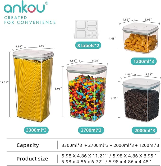Pop Airtight Food Storage Containers with Lids for Kitchen Pantry Organizing Stackable Container for Cereal Snack Flour Sugar Coffee Spaghetti -12 Pcs(1.2, 2.0, 2.7, 3.3qt)*3 - Image 6