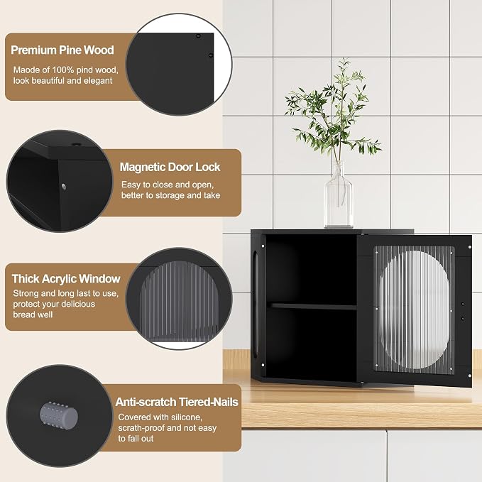 Alpeir Corner Bread Box for Kitchen Countertop, 3 Adjustable Height, Black | Solid Pine Wood, Hold 2 Loaves, Strong Acrylic Window, Easily Care, Farmhouse Pantry Container for Home Baker, Family of 4 - Image 9