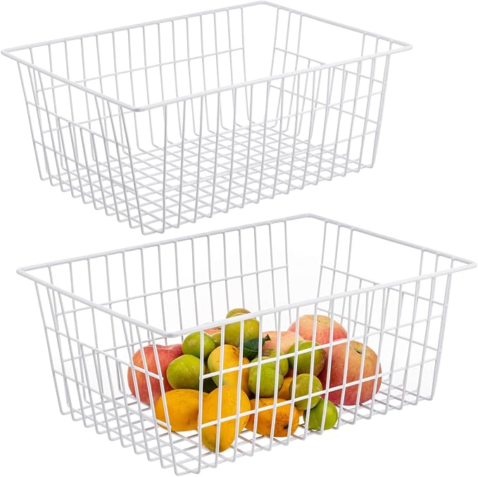 Wire Storage Freezer Baskets, Set of 2 13.4" Household Organizer Storage Bins Fridge Basket Rack with Handles for Kitchen Cabinets, Pantry, Office, Bathroom Organization - White - Image 8
