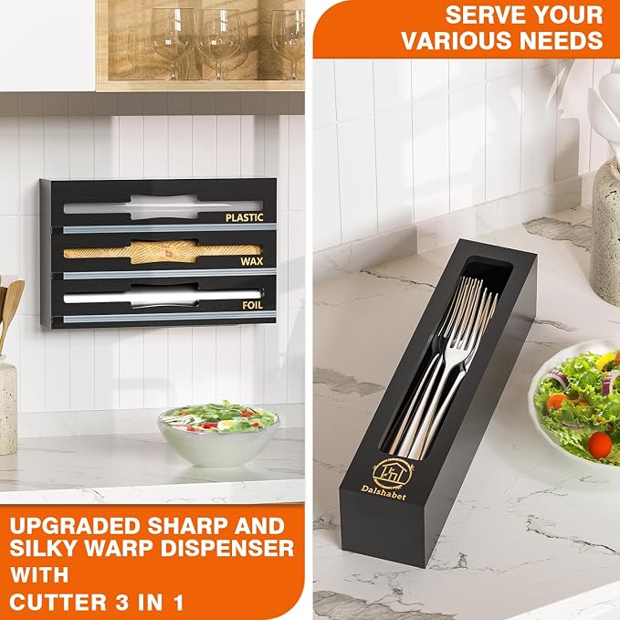 DALSHABET 9 IN1 Bamboo Storage Bag Drawer Organizer with Cutter, Foil and Plastic Wrap Dispenser for Kitchen Storage Compatible with All Brands Gallon, Quart, Sandwich & Snack Size Bags - Black - Image 7
