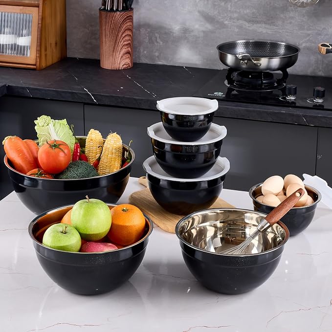 Black Mixing Bowls With Airtight Lids,Stainless Steel Bowl,Salad Bowls 7 Piece Colorful Nesting Bowl Black Kitchen Accessories,Size 7,3.6,2.7,2.1,1.5,1.1,0.8QT Stackable Design - Image 9