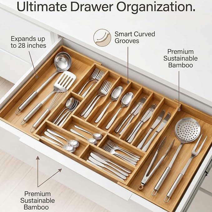 18.5"-33" Expandable Bamboo Silverware Utensil Drawer Organizer | 11-13 Deep Slots with Adjustable Dividers, Solid Bamboo Construction, Non-Slip Design - Image 7